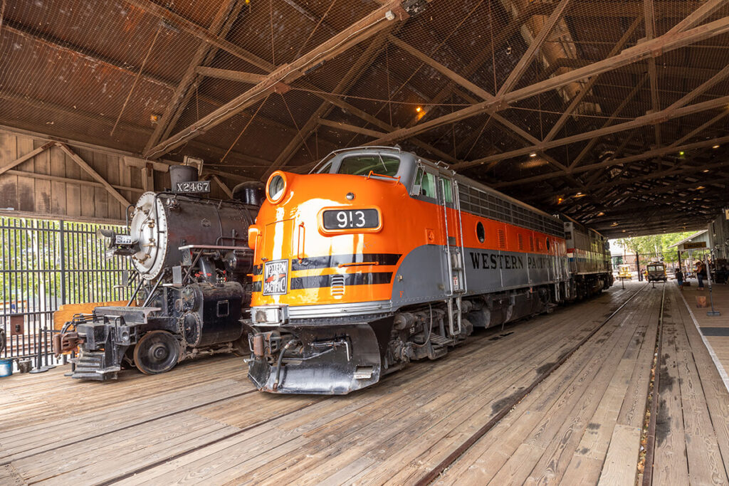 Two of the vintage trains from the California Railroad Museum in Old Sacramento